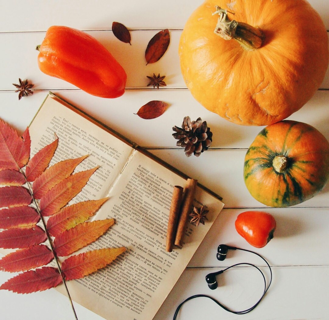 Autumn kitchen table with pumpkins, mushrooms and apples for seasonal Czech cooking
