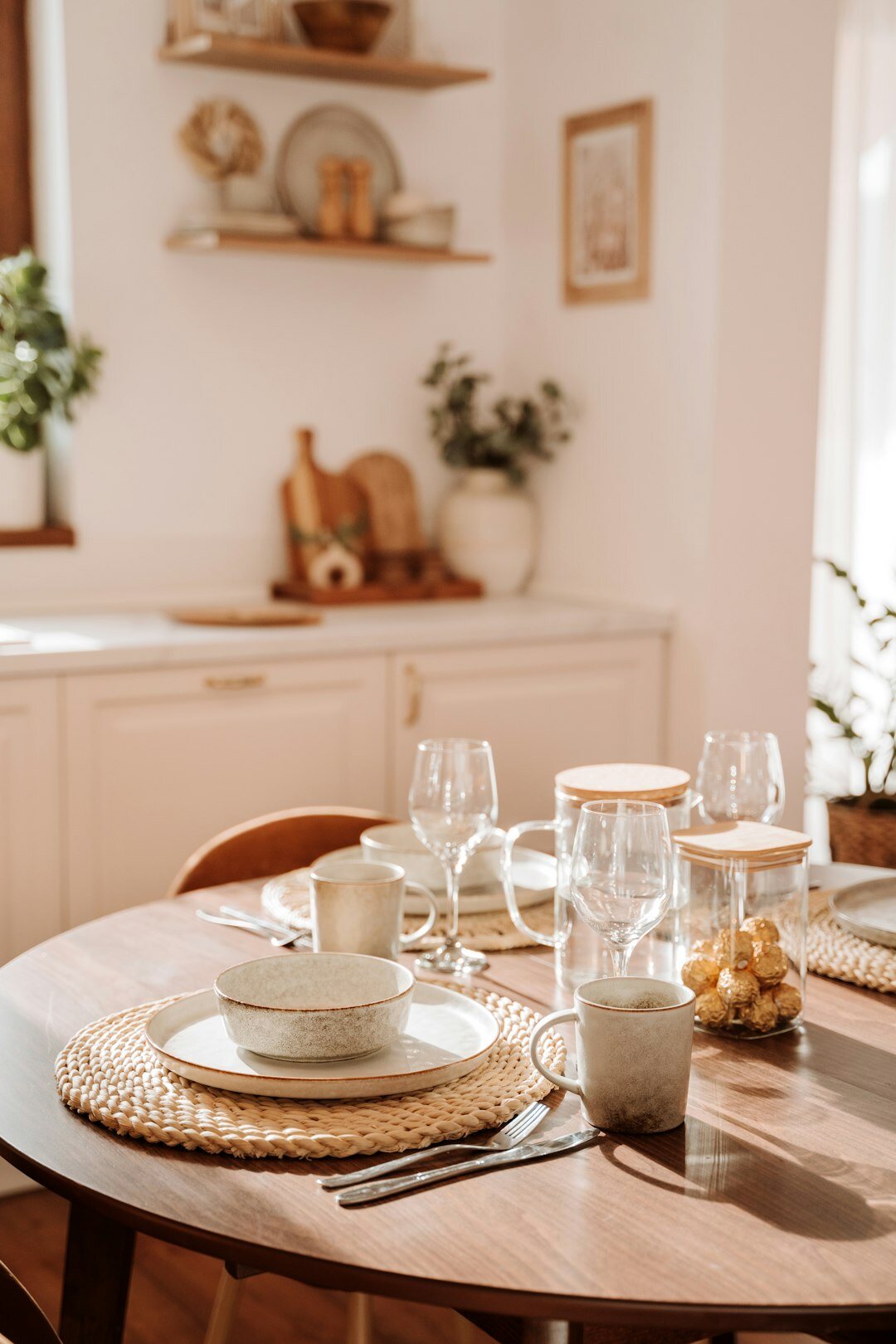 Cozy Czech home kitchen interior with wooden table and ceramic plates